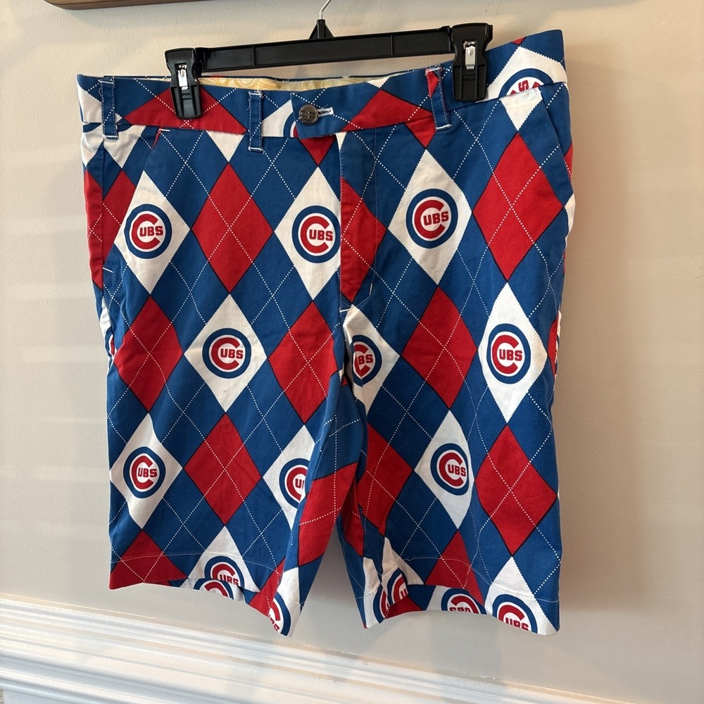 Loudmouth Golf Mens Sz 36 MLB Chicago Cubs Baseball Argyle Allover Print Shorts